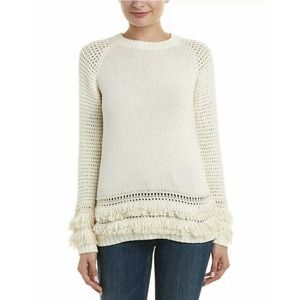 Chaser Womens Pullover Sweater Fringe Chunky Open Knit Cream Ivory Sz XS Cotton
